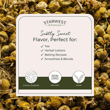 Starwest Botanicals Organic Chamomile Flowers Whole - Dried Loose Leaf Herb for Tea, Herbal Lotions, & Baking, Sourced from Egypt, Certified Kosher, Non-GMO - Bulk 1 lb Bag