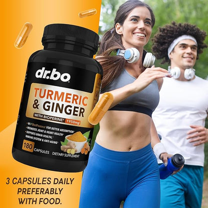 Turmeric Curcumin with BioPerine Supplement Capsules - Support Supplements with 1950mg Curcuma Longa Pure Organic Tumeric and Curcumin BioPerine Black Pepper - 180 Turmeric Pills
