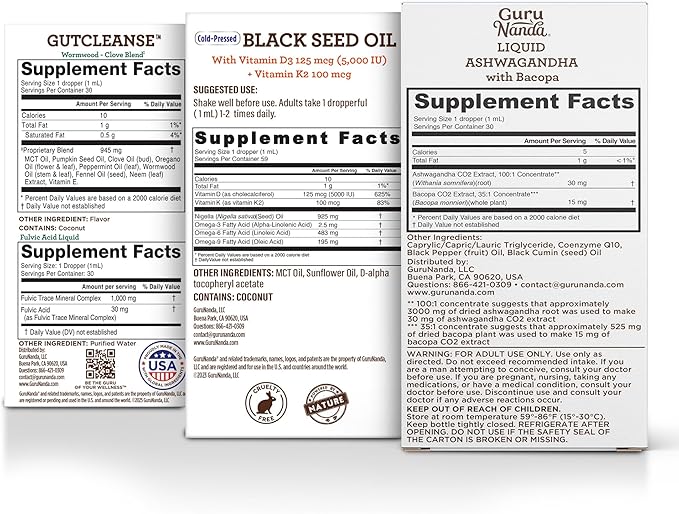 GuruNanda Total Wellness Boost with Liquid Ashwagandha, Black Seed Oil & GutCleanse - Helps with Immunity and Mind Care