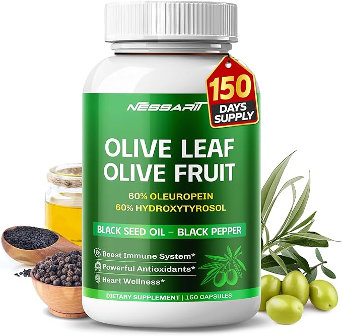 Olive Leaf & Olive Fruit (60% Oleuropein, 60% Hydroxytyrosol) - Black Seed Oil, Black Pepper - Immune Boost, Antioxidants, Heart Wellness -Made in USA- 150 Capsules
