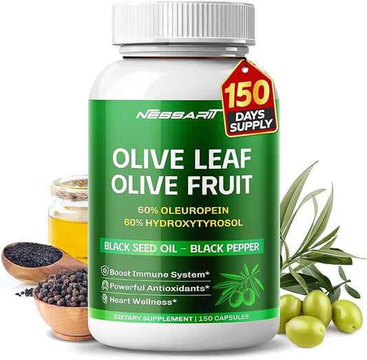Olive Leaf & Olive Fruit (60% Oleuropein, 60% Hydroxytyrosol) - Black Seed Oil, Black Pepper - Immune Boost, Antioxidants, Heart Wellness -Made in USA- 150 Capsules