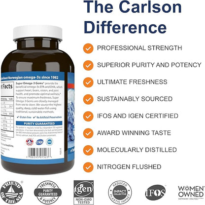 Carlson - Super Omega-3 Gems, 1200 mg Omega-3 Fatty Acids with EPA and DHA, Wild-Caught Norwegian Fish Oil Supplement, Sustainably Sourced Capsules 300 Softgels