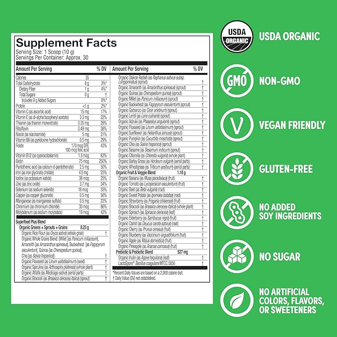 Purely Inspired Organic Greens Powder Superfood Smoothie Mix, Unflavored (30 Servings) - Super Greens with Probiotics, Spirulina & Chlorella for Gut & Digestive Health - Vegan & Gluten-Free