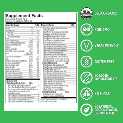 Purely Inspired Organic Greens Powder Superfood Smoothie Mix, Unflavored (30 Servings) - Super Greens with Probiotics, Spirulina & Chlorella for Gut & Digestive Health - Vegan & Gluten-Free