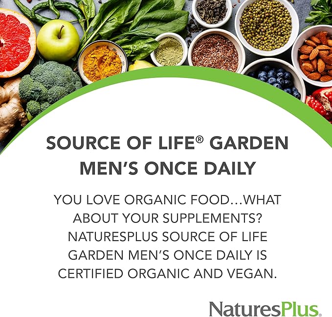 NaturesPlus Source of Life Garden Certified Organic Mens Once Daily Multivitamin - Pure, Natural Whole Food Ingredients - Energy Boost - 30 Vegan Tablets (30 Servings)