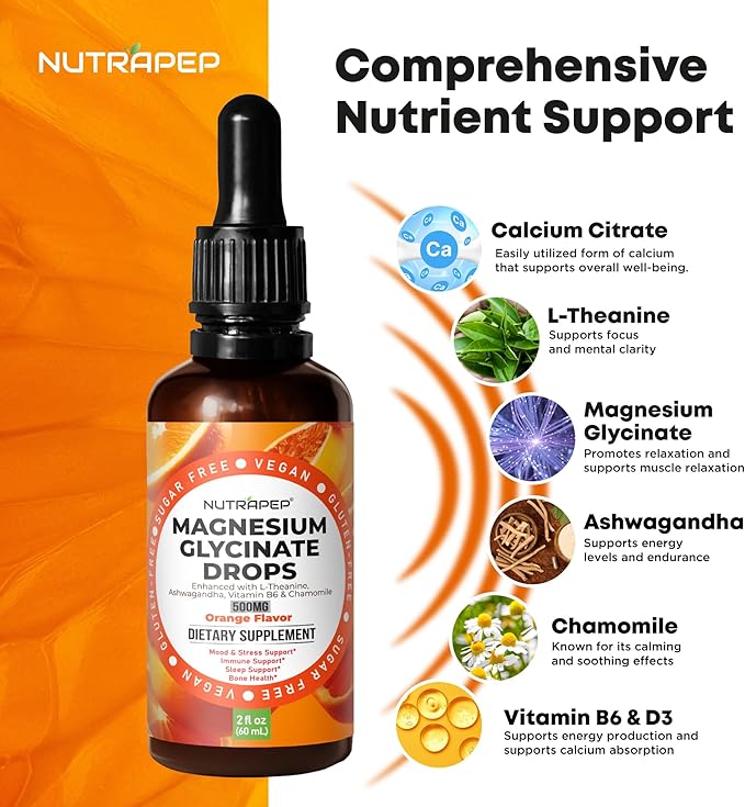 Liquid Magnesium Glycinate Drops Supplement - 500mg Cortisol Complex with L-Theanine Ashwagandha Vitamin B6 Chamomile - Wellness Sleep Stress Mood Support for Adults Men Women