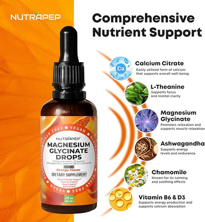 Liquid Magnesium Glycinate Drops Supplement - 500mg Cortisol Complex with L-Theanine Ashwagandha Vitamin B6 Chamomile - Wellness Sleep Stress Mood Support for Adults Men Women