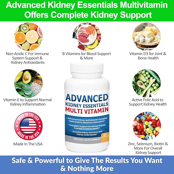 Advanced Kidney Essentials Multivitamin. Kidney Support Supplement for Complete Kidney Health. Kidney Health Supplement with Renal Vitamins 30 Caps
