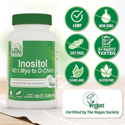 Health Thru Nutrition Inositol Supplement 40:1 Myo-Inositol to D-Chiro-Inositol Ratio 2050mg Per Serving | 120 Capsules | Certified Vegan | Non-GMO