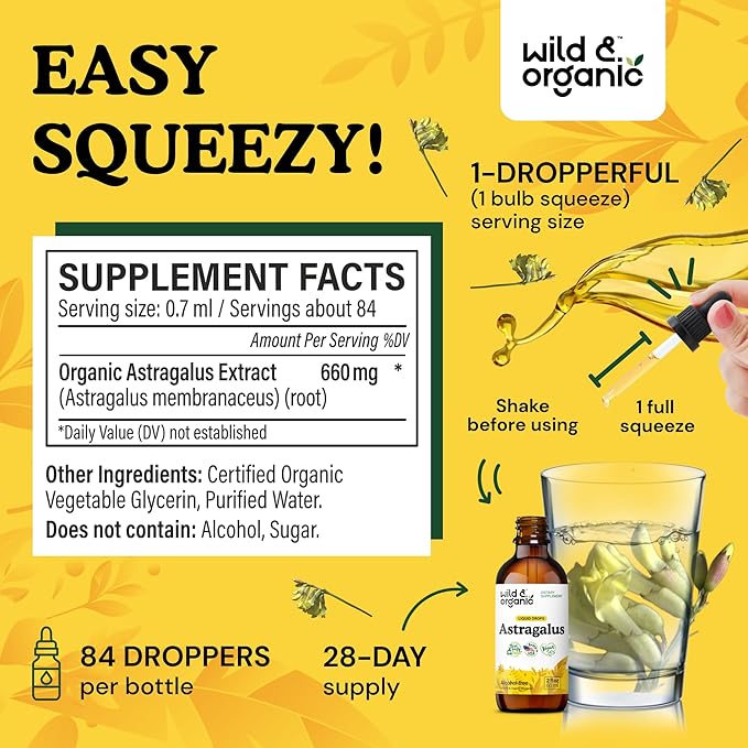 Wild & Organic Astragalus Tincture - Immune Support Drops w/Astragalus Root Extract - Herbal Supplement for Calmness & Relaxation - Vegan, Sugar & Alcohol Free - 2 fl oz