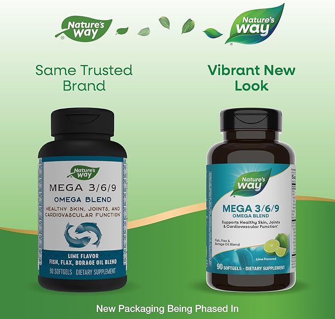 Nature's Way Mega 3/6/9 Omega Blend, Supports Healthy Skin, Joints, Cardiovascular Function*, Fish, Flax, Borage Oil, 90 Lime Flavored Softgels (Packaging May Vary)