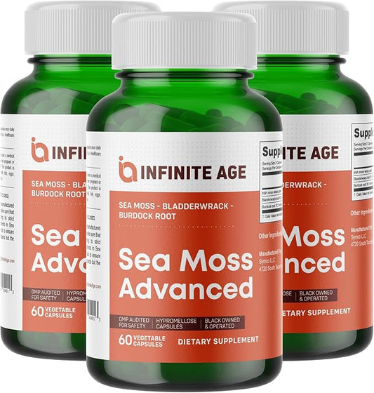 Infinite Age 3 Pack of 1250mg Sea Moss Advanced Superfood Capsules, 180 Count - High-Potency, Vegan, Made in The USA - Irish Seamoss, Bladderwrack, Burdock Root - Overall Health, Immunity Support