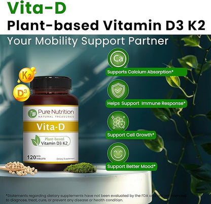 Pure Nutrition Vita D3 K2 - Plant Based Vitamin D3 K2 Supplement | 120 Tabs | Vitamin D3 6000 IU | Vitamin K2 as MK7 100mcg | Vitamin K2 D3 | Non GMO |