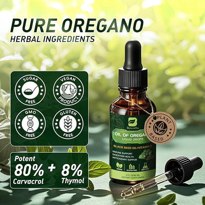 B BEWOTHS Oregano Oil Drops, Oil of Oregano with Black Seed Oil, Vitamin E, Wild Harvest Oil of Oregano Liquid Herbal Blend for Immune, Antioxidant, Digestive Gut Cleanser, Kidney Health Support-Vegan