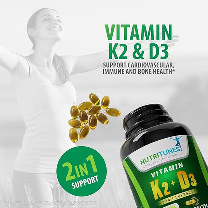 Vitamin K2 + D3 - Supports Heart, Bone & Immune Health - 100 mcg K2 (MK-7) & 5000 IU D3 - Non-GMO, Free from Gluten, Soy, & Lactose - 120 Softgels, 4-Month Supply