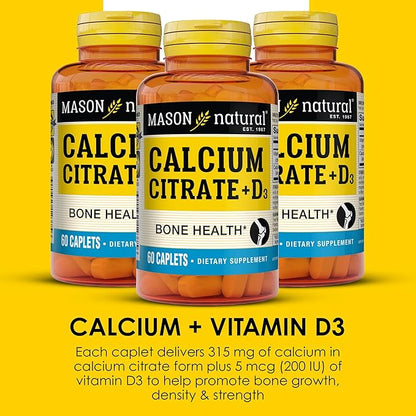 MASON NATURAL Calcium Citrate Plus Vitamin D3, 2 Month Supply, Strengthens Muscle Function & Bone Health, 60 Caplets