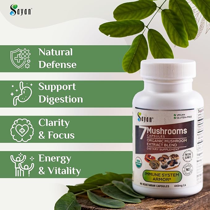 Sayan 7 Mushroom Extract 90 Capsules/440mg ea – Immune Support & Energy – Organic Chaga, Reishi, Lion's Mane, Maitake, Shiitake, Turkey Tail Adaptogen Blend – Vegan, Non-GMO, No Fillers or Additives