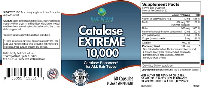 Best Earth Naturals Catalase Extreme Supplement 10,000 with Saw Palmetto, Biotin, Fo-Ti, PABA - Hair Supplements for Strong Hair - 60 Capsules (30-Day Supply)