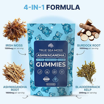 Ashwagandha Gummies for Women & Men – Vegan Herbal Blend with Sea Moss, Bladderwrack & Burdock, 60 Gummies in Pouch (30-Day Supply)