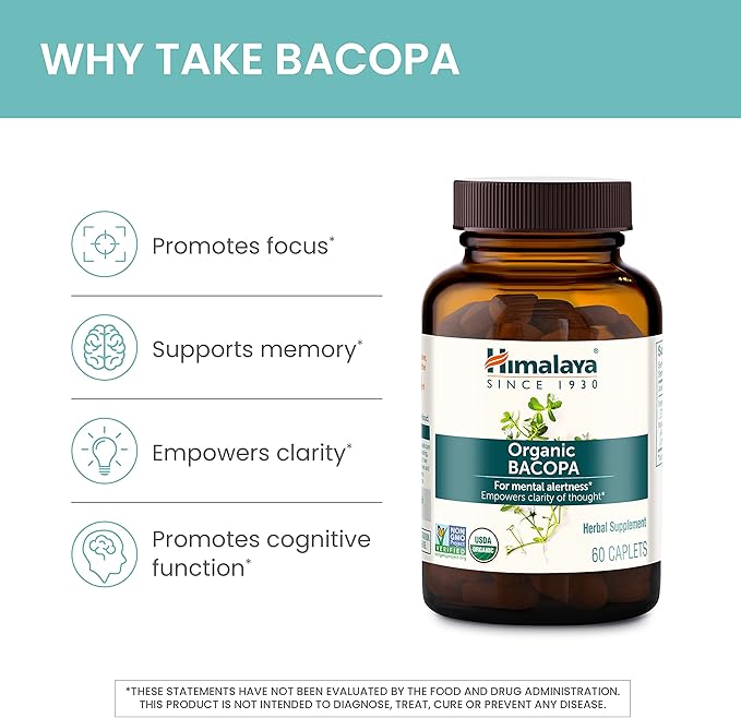 Himalaya Organic Bacopa Monnieri Nootropic Herbal Supplement, Supports Calm, Memory, Cognition, USDA Certified Organic, Non-GMO, 750 mg, 60 Plant-Based Caplets, 60 Day Supply