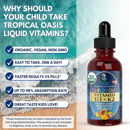 USDA Organic Vitamin D3 K2 Liquid Drops | Vitamin D3 K2 Supplement for Kids & Toddlers Ages 1+ | Kids Supplement for Calcium Absorption Strong Bones | Vegan, Non-GMO | 2 Fl Oz