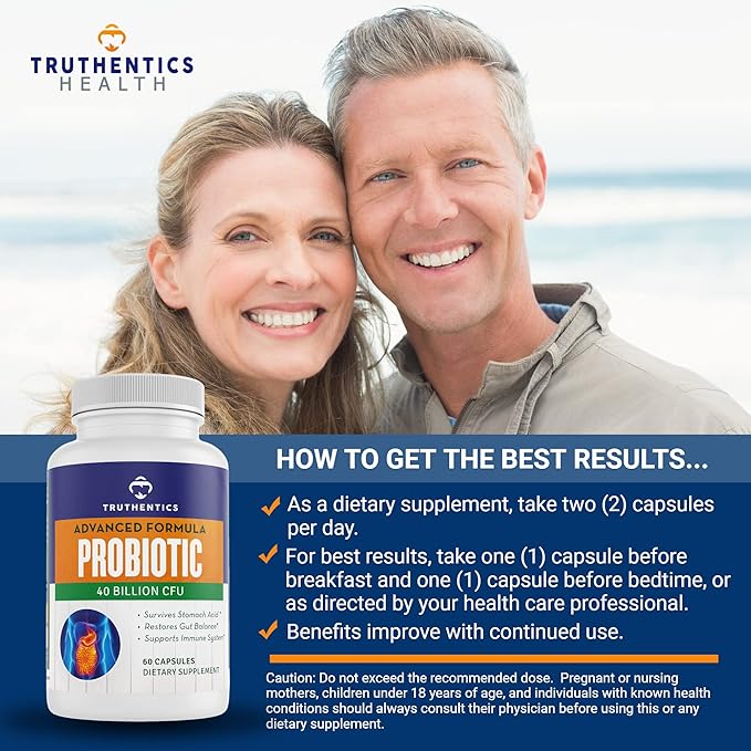 TRUTHENTICS Probiotic 40 Billion CFU with Prebiotics - Bifidobacterium Lactobacillus Acidophilus & Paracasei Probiotics for Men & Women - Gluten Free, Non-GMO, Shelf Stable - Made in USA - 60 Capsules