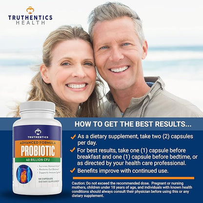 TRUTHENTICS Probiotic 40 Billion CFU with Prebiotics - Bifidobacterium Lactobacillus Acidophilus & Paracasei Probiotics for Men & Women - Gluten Free, Non-GMO, Shelf Stable - Made in USA - 60 Capsules