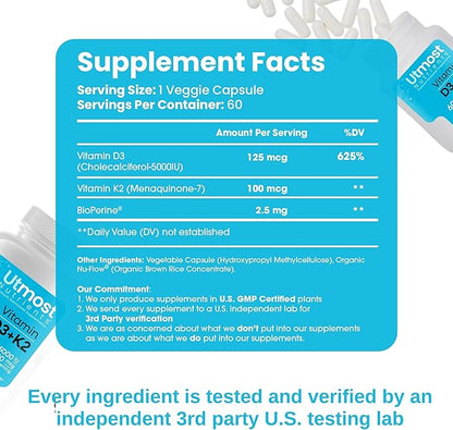 Vitamin D3 with K2-5000iu Vitamin D and 100 mcg Vitamin K Supplement in one Capsule for Maximum Bioavailability - Enhances Calcium Absorption for Cardiovascular, Immune and Bone Health (60 Capsules)