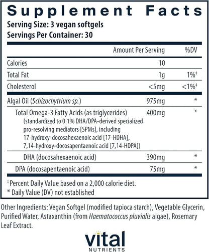 Vital Nutrients Ultra Pure® Vegan Omega SPM+ | Vegan Specialized Pro-Resolving Mediators (SPM) Omega-3 Supplement | Minor Joint Discomfort Relief* | Gluten, Dairy, Soy Free, Non-GMO | 90 Mini Softgels