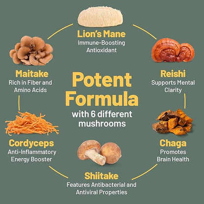 Vegan Vitality Multi Mushroom Supplement Complex - 120 Capsules with Reishi, Chaga, Shitake, Maitake, Lion's Mane and Cordyceps for Brain, Energy, Focus & Memory Support