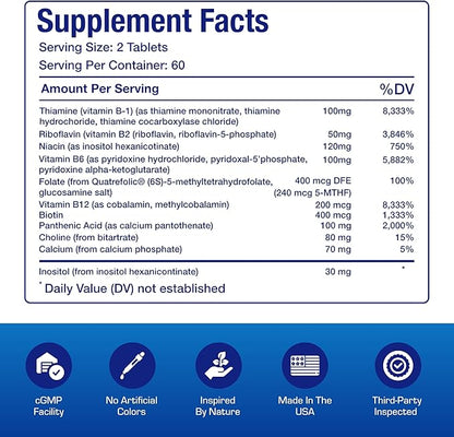 Super B Complex Methylated & Time Released - Bio Active B Complex Vitamin Supplement with Choline Inositol & 8 B Vitamins for Nervous System and Energy Metabolism Support - 2 Month Supply