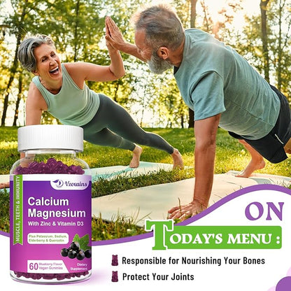 High Absorption Calcium Gummies, Calcium Magnesium Zinc with Magnesium Glycinate, Potassium, Vitamin D3 for Women & Men- Blueberry Flavor 120 Cts
