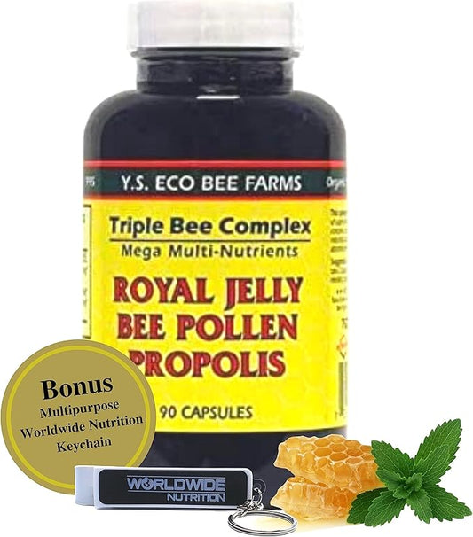 YS Organics Triple Bee Complex, Royal Jelly, Bee Pollen, Propolis - The Power of Nature Packed in 90 Capsules with Bonus worldwidenutrition Multi Purpose Key Chain