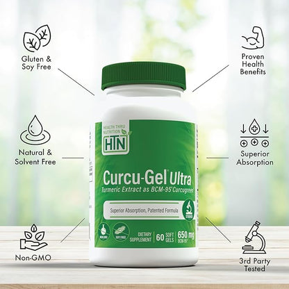 Health Thru Nutrition Curcu-Gel 650mg BCM-95® Curcugreen Turmeric Curcumin| High Absorption | Healthy Inflammation Response | Clinically Studied | 3rd Party Tested | Non-GMO (Pack of 60)