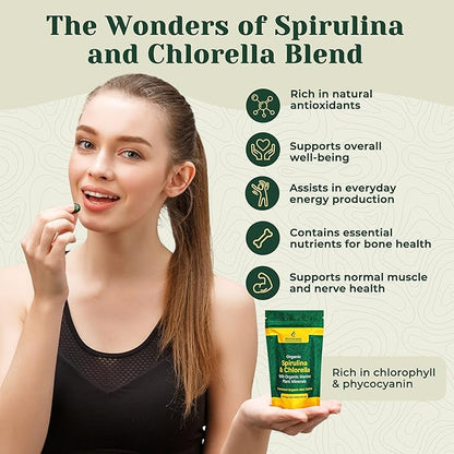Organic Spirulina & Chlorella + Marine Plant Minerals, Australian | BioDynamic Cracked Cell Wall, Chlorophyll-Rich, Vitamins, Minerals |Vegan Tablets (200 mg) (300)