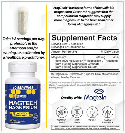 MagTech Magnesium Supplement - 3 Forms of Magnesium: Magtein L-Threonate, Glycinate & Taurate - 200mg Chelated Magnesium Complex - Supports Relaxation & Brain Health - 180 Capsules
