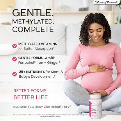 Power By Naturals Prenatal Probiotic Blend Vitamins w/Methylfolate, B12, Iron, Ginger & 27+ Essential Nutrients for Healthy Pregnancy, Prenatal Probiotics for Women, Pregnancy Probiotic, 60 Capsules