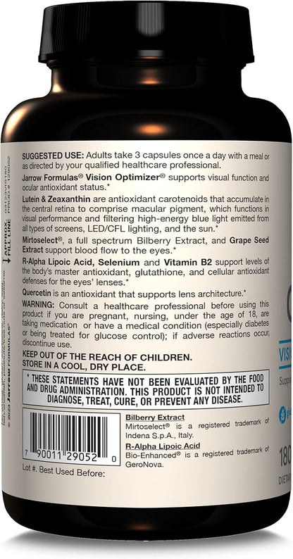 Jarrow Formulas Vision Optimizer Veggie Capsules - 180 Count - Eye Supplement - Dietary Supplement - with Grape Seed Extract, Lutein & Zeaxanthin, Quercetin & More - Non-GMO - Gluten Free