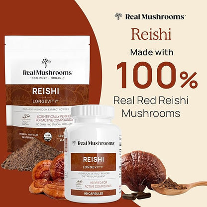 Real Mushrooms Reishi Capsules - Organic Mushroom Extract Supplement with Potent Red for Longevity, Mood, Sleep, Immune Support Vegan Supplement, Non-GMO, 200 Caps