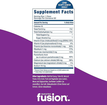 Bariatric Fusion Bariatric Calcium Chews | Calcium Citrate with Vitamin D3 Calcium Supplement Bariatric Vitamin | Sugar Free Calcium Citrate Chewable | Calcium Citrate 500mg | Cran Grape | 60 Count