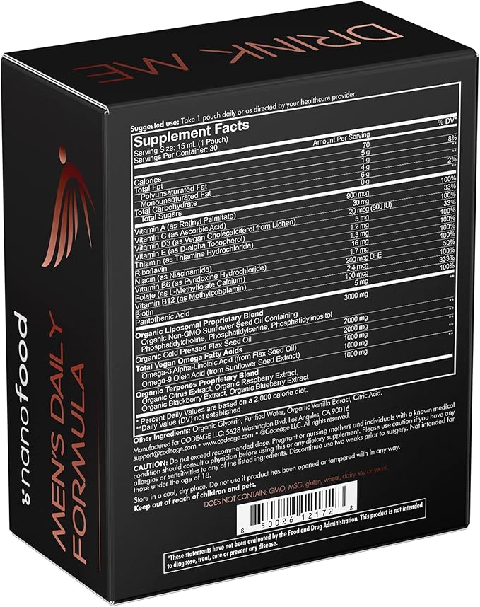 Codeage Daily Men Liquid Vitamins Supplement - Liposomal Multivitamin A, B, C, D, E, Biotin, Omega-3 & Omega-9 - Folate, Niacin, BlackBerry, Vegan - Sugar-Free & Non-GMO - 30 Pouches