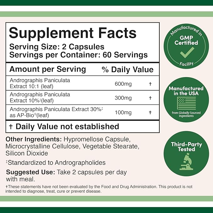 Andrographis Capsules Max Andrographides - 1,000mg Serving Size (120 Capsules) with AP-Bio (Patented Andrographis Paniculata Extract) - Clinically Studied for Immune System Health by Double Wood