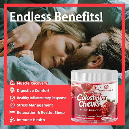 Colostrum Chews Supplement with probiotics for Gut Health, Bloating, Immune Support, Skin, Hair Growth and Beauty - Strawberry Flavor (60 Servings)