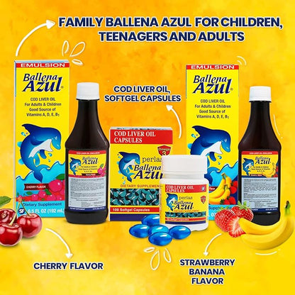 Ballena Azul Aceite de Hígado de Bacalao para Adultos y Niños, COD Liver Oil for Adults and Children, Good Source of Vitamins A,D,E, B1, Dietary Supplement, Omega 3