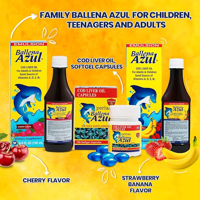 Ballena Azul Aceite de Hígado de Bacalao para Adultos y Niños, COD Liver Oil for Adults and Children, Source of Vitamins A,D,E, B1, Dietary Supplement, Omega 3,Inmune System Boost(Strawberry Banana)