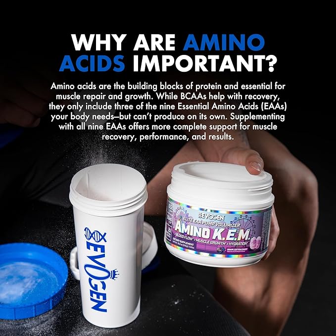 Evogen Amino K.E.M. - EAA & BCAA Powder Pump Volumizer | BCAAs Amino Acids Supplement for Blood Flow, Muscle Growth, & Hydration | Grape Cotton Candy | 30 Servings