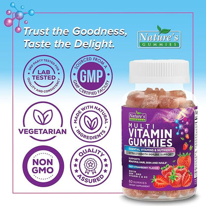 Multivitamin Gummies - Adult Gummy Vitamins for Women & Men, Nature's Daily Gummy Multivitamins for Adults, Vitamins A, C, E, B6, B12 - Multi Vitamin Supplement, Non-GMO, Berry Flavored - 60 Gummies