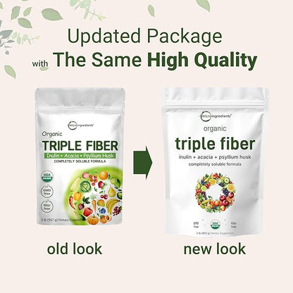 Organic Fiber Supplement (Inulin, Acacia, Psyllium Husk), 2 Pounds, 3-in-1 Formula, Daily Soluble Fiber, Unflavored, Prebiotics Supplement for Digestive Health, Hunger Control, Vegan