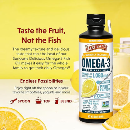 Barlean's Omega 3 Fish Oil Liquid Supplement, Lemon Crème, 1080mg of Omega 3 EPA and DHA Fatty Acid, 16 oz
