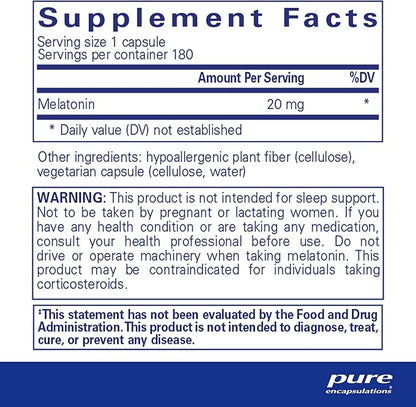 Pure Encapsulations Melatonin 20 mg - Not Intended for Sleep Support - for Immune System & Healthy Cells - 99.5% Purity Melatonin - Gluten Free & Non-GMO - 180 Capsules